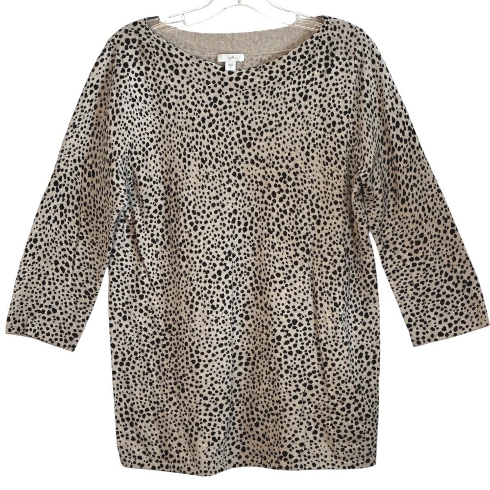 J Jill Sweater Women Tan Black Cheetah Animal Print Boat Neck 3/4 Sleeve Soft  M